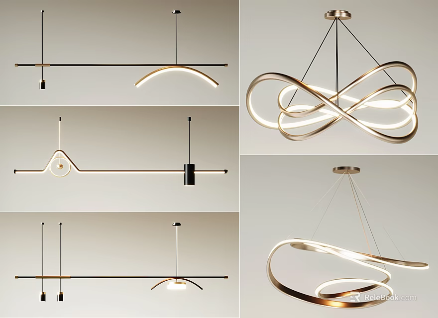Modern Curved Ring Chandelier Design With Sleek Metallic Frame And LED Lighting 3d model 