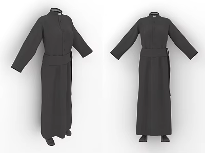 Long Black Robe Design Featuring Long Sleeves Belt And Front Back Views 3d model