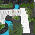 Zen Style Garden Courtyard With Stone Pavement Green Plants Pond And Rocks