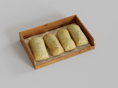 Freshly Baked Bread Rolls in Wooden Tray with Baking Paper Lining 3d model