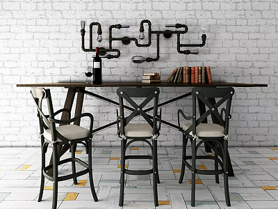 Dining Table Set With Long Wooden Top Cross Back High Chairs Wine Bottle Books White Brick Wall And Colorful Floor Tiles 3d model