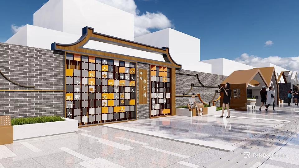 Traditional Chinese Feature Wall With Colorful Square Panels Tile Roof And Brick Wall In Plaza 3d model 