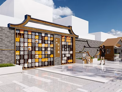 Traditional Chinese Feature Wall With Colorful Square Panels Tile Roof And Brick Wall In Plaza 3d model