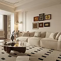 Elegant Living Room Interior With White Sofa Checkered Rug Decorative Paintings And Floor Lamp