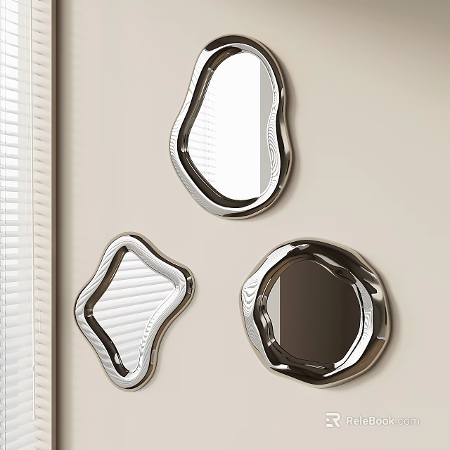 Modern Decorative Wall Mounted Mirrors in Various Shapes Near Window Blinds 3d model 