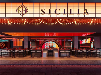 Sicilia Restaurant Exterior With Neon Signage And Interior Seating Bar Counter String Lights 3d model
