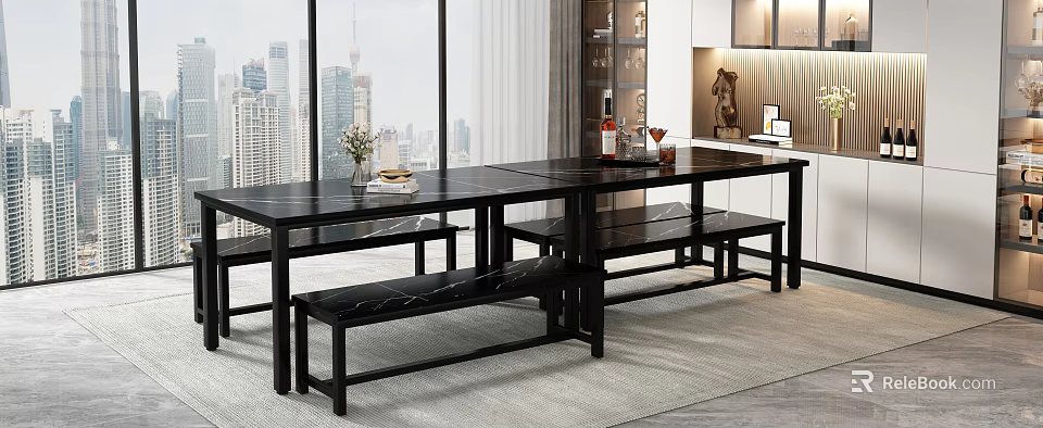 Modern Restaurant Interior With Large Windows City View Black Long Dining Table And Benches 3d model 