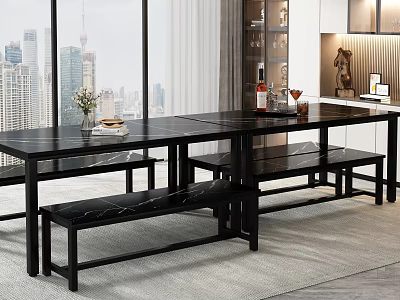Modern Restaurant Interior With Large Windows City View Black Long Dining Table And Benches 3d model