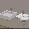 Two White Wall Mounted Square and Round Washbasins with Silver Faucets 3d model