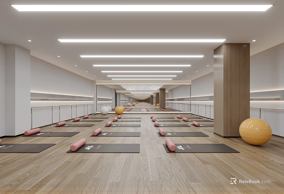 Spacious Yoga Studio With Neatly Arranged Yoga Mats Yellow Balls Wooden Floors And Strip Lights 3d model 