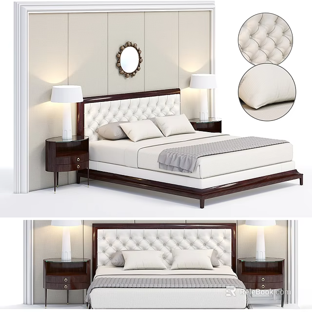 Elegant Double Bed With Tufted Headboard Nightstands Table Lamps White Bedding And Wall Mirror 3d model 