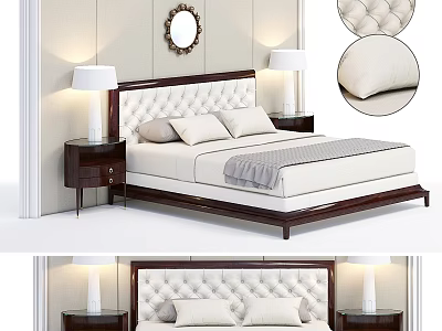 Elegant Double Bed With Tufted Headboard Nightstands Table Lamps White Bedding And Wall Mirror 3d model