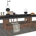 Traditional Wooden Tea Table With Bench Stools Tea Sets Hanging Lantern And Fruits