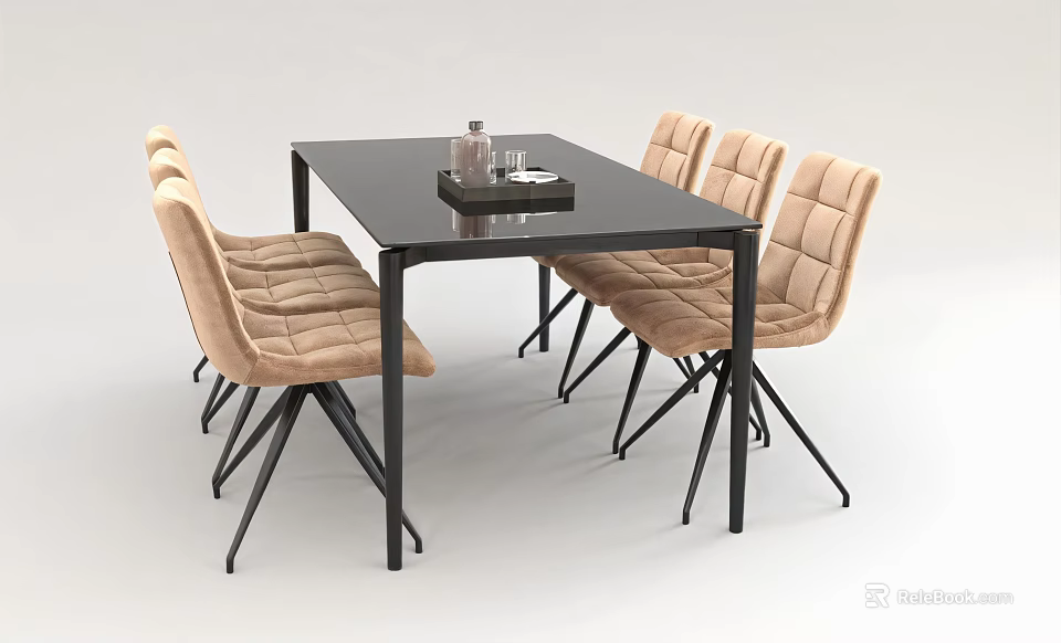 Modern Dining Table Set With Black Rectangular Top And Beige Upholstered Chairs 3d model 