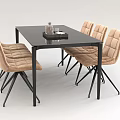 Modern Dining Table Set With Black Rectangular Top And Beige Upholstered Chairs