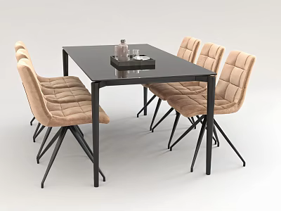 Modern Dining Table Set With Black Rectangular Top And Beige Upholstered Chairs 3d model