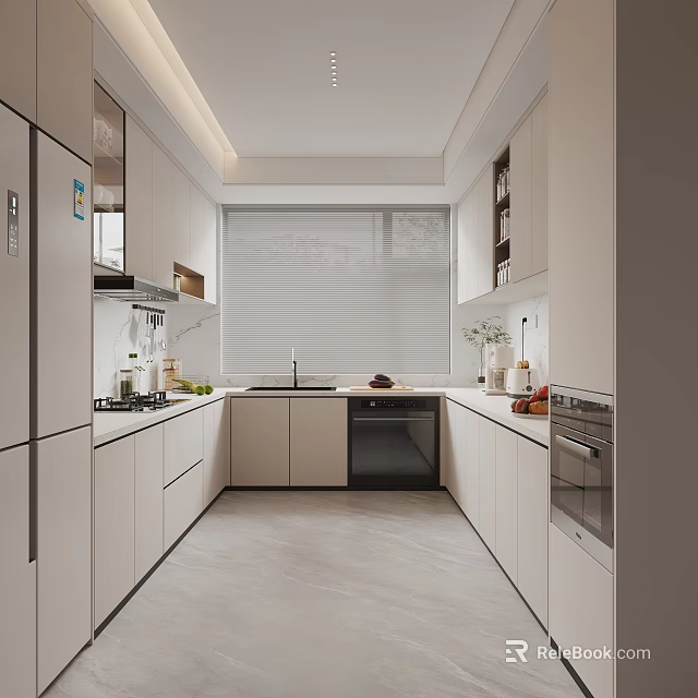 Modern Kitchen Interior Design With White Cabinets Window Oven And Countertop 3d model