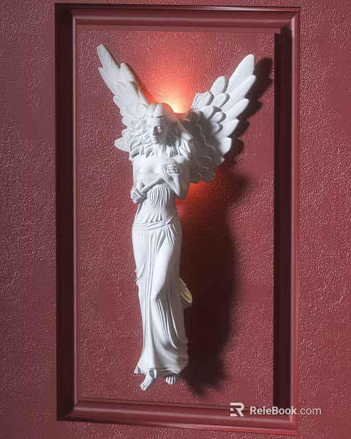 White Angel Statue Wall Lamp With Illuminated Wings On Red Wall 3d model 