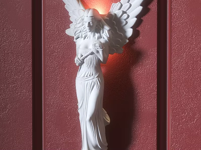 White Angel Statue Wall Lamp With Illuminated Wings On Red Wall 3d model