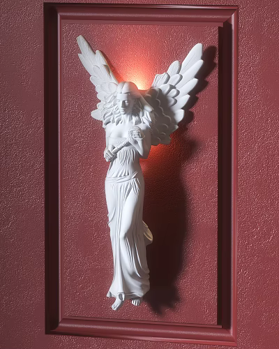 White Angel Statue Wall Lamp With Illuminated Wings On Red Wall 3d model