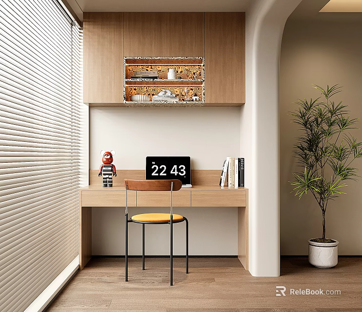Modern Desk with Wooden Cabinet Above Laptop Books Red Figurine Yellow Chair and Green Plant 3d model 