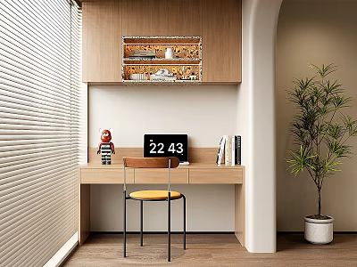 Modern Desk with Wooden Cabinet Above Laptop Books Red Figurine Yellow Chair and Green Plant 3d model
