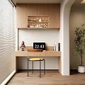 Modern Desk with Wooden Cabinet Above Laptop Books Red Figurine Yellow Chair and Green Plant