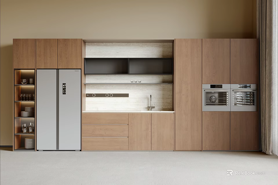 Wooden Wine Cabinet In Modern Kitchen With Silver Refrigerator And Built in Appliances 3d model 