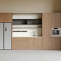 Wooden Wine Cabinet In Modern Kitchen With Silver Refrigerator And Built in Appliances