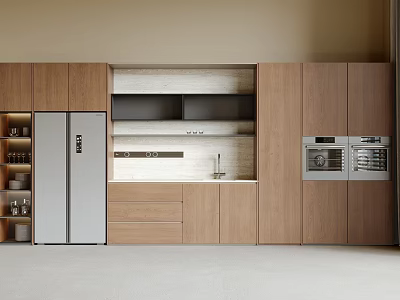 Wooden Wine Cabinet In Modern Kitchen With Silver Refrigerator And Built in Appliances 3d model