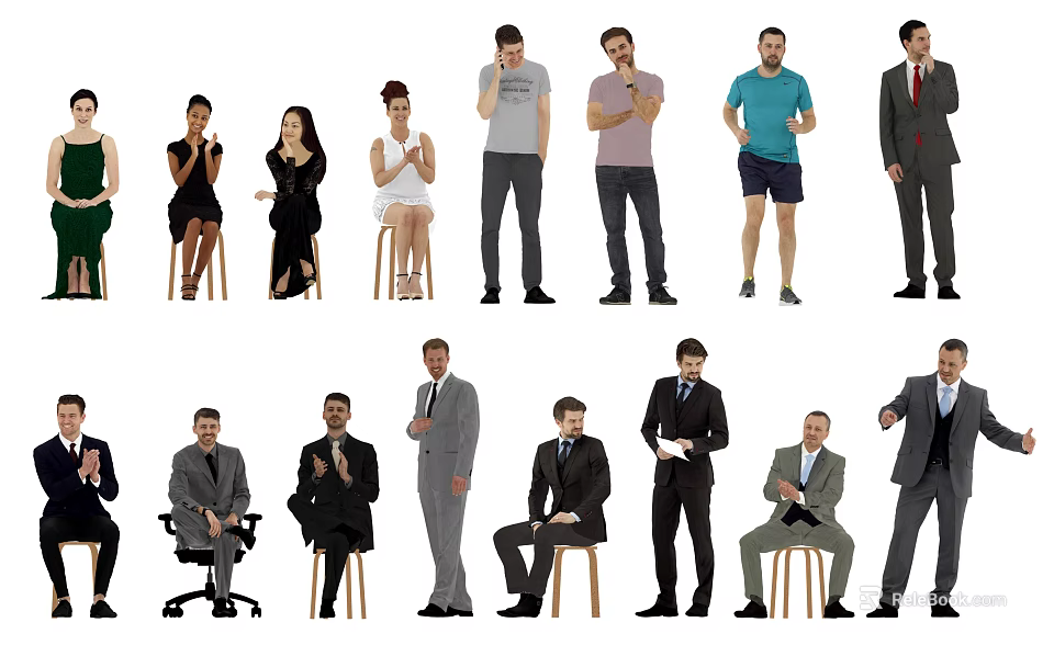 Group of People With Various Poses and Different Clothing Styles Standing and Sitting 3d model 