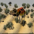 Camel Standing In Desert With Red Saddle And Green Bushes Around Sandy Ground