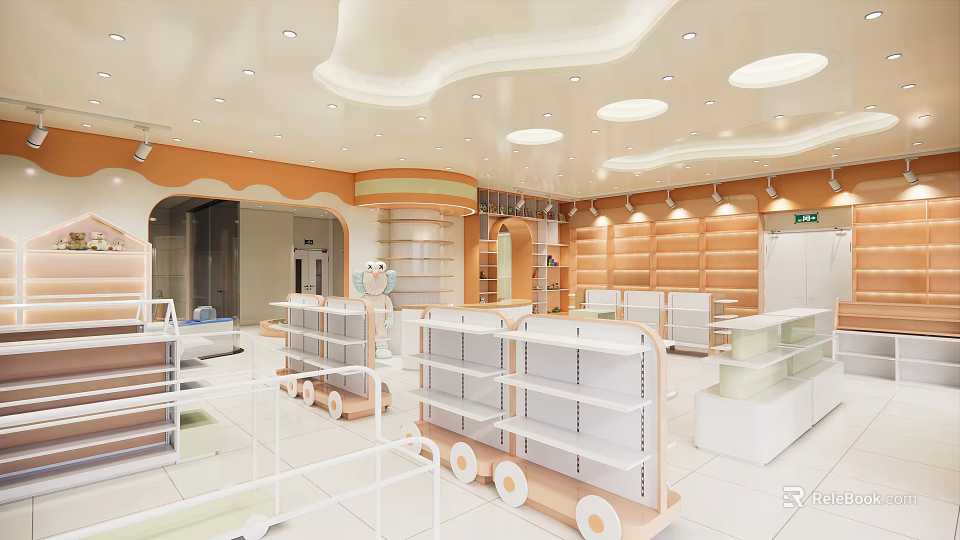 Bright Modern Retail Store Interior With White Shelves Round Ceiling Lights And Orange Decor 3d model 