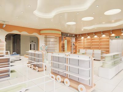 Bright Modern Retail Store Interior With White Shelves Round Ceiling Lights And Orange Decor 3d model