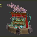 Ancient Wooden Cart with Red Canopy Tree and Decorative Elements on Stone Platform