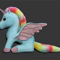 Cute Blue Unicorn Plush Toy with Rainbow Mane Wings and Pink Hooves on Black Background