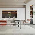 Modern Restaurant Interior With White Cabinets Black Table Colorful Chairs Lit Display Shelf And Decorations