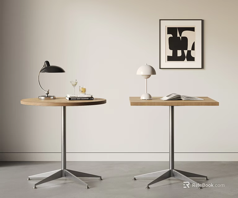 Two Dining Tables Round Square With Metal Legs Black White Table Lamps And Decorative Artwork 3d model 