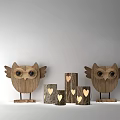 Decorative Ornament Set Featuring Wooden Owl Figurines And Heart Shaped Cutout Cylindrical Wood Blocks