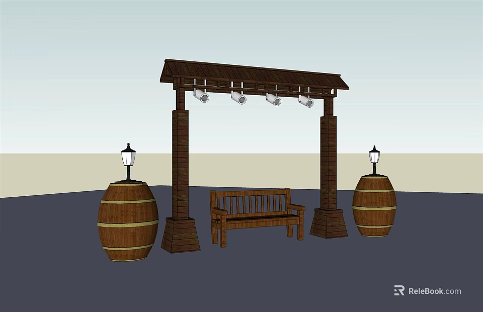 Rustic Wooden Outdoor Chair Under Pergola With Barrels And Lanterns 3d model 