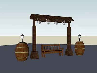 Rustic Wooden Outdoor Chair Under Pergola With Barrels And Lanterns 3d model