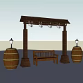 Rustic Wooden Outdoor Chair Under Pergola With Barrels And Lanterns