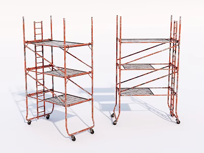 Rustic Metal Scaffolding Units With Wheels Multi Tiered Shelves And Ladders 3d model