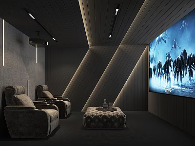 Modern Home Theater Interior With Comfortable Recliners Large Screen And Ambient Lighting 3d model