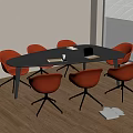 Modern Black Conference Table In Office With Red Metal Chairs Wooden Floor And Window Blinds