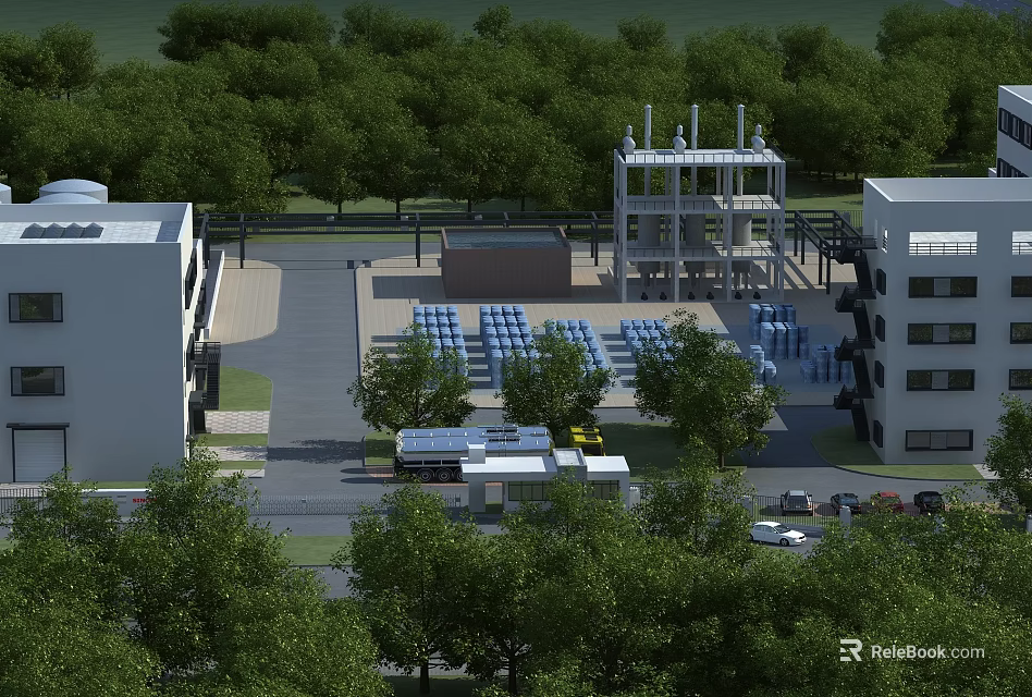 Industrial Plant Facility With Green Trees Surrounding Parking Area And Buildings 3d model 