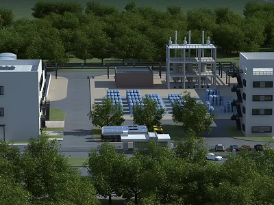 Industrial Plant Facility With Green Trees Surrounding Parking Area And Buildings 3d model