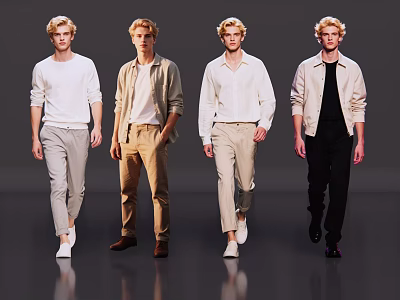Group of Four Men Modeling Stylish Casual Outfits With Different Clothing Styles 3d model