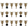 Gold Trophies and Award Medals with Different Designs Arranged in Rows