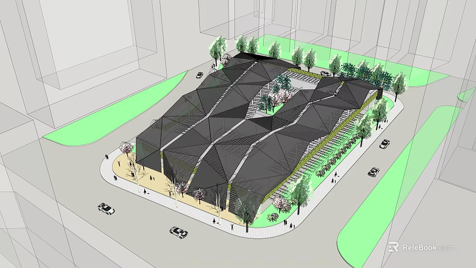 Modern Geometric Building Design With Greenery Parking Spaces And Pedestrians 3d model